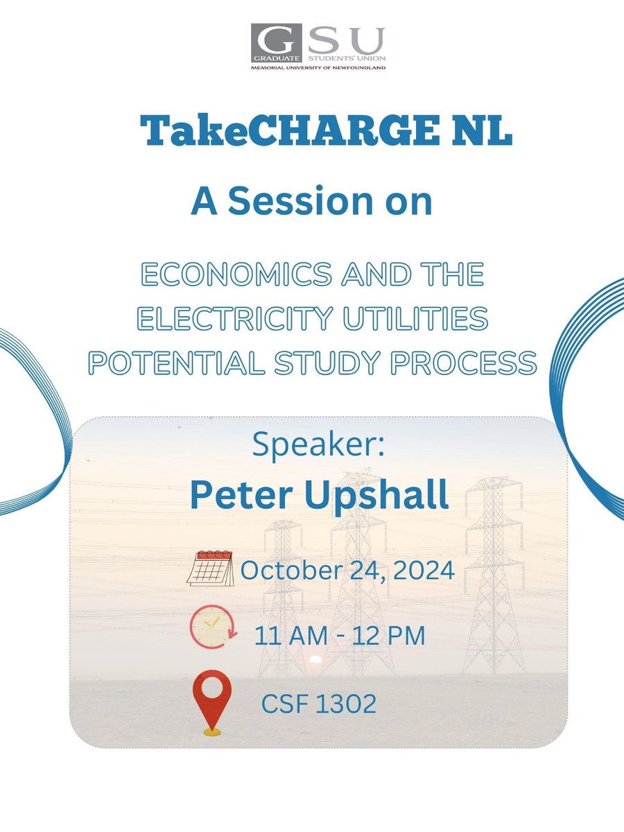 Join us for a thought-provoking session on "Economics and the Electricity Utilities Potential Study Process" presented by Peter Upshall from TakeCHARGE NL.

Event Details -
🗓 Date: October 24, 2024
🕚 Time: 11:00 AM - 12:00 PM
📍 Location: Core Science Facility (CSF 1302)
