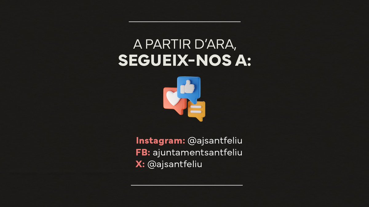Atenció, #SantFeliu
📢A partir d'ara tota la informació del comerç de la ciutat disponible a les xarxes de l'Ajuntament de Sant Feliu. Us convidem a seguir-nos per estar al dia, gràcies!
🔗 Instagram: <a href="/ajsantfeliu/">Ajuntament de Sant Feliu de Llobregat</a>
 🔗 Facebook: facebook.com/ajuntamentsant… 
 🔗 X: <a href="/ajsantfeliu/">Ajuntament de Sant Feliu de Llobregat</a>