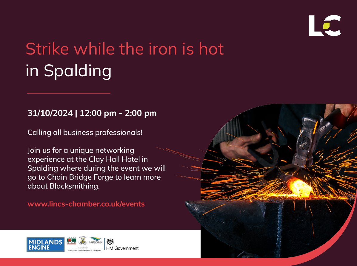 Calling All Business Professionals! 

Join us for an exciting and unique networking event at the Clay Hall Hotel in Spalding, followed by an exclusive experience at the Chain Bridge Forge.

🗓️ Date: 31st October 2024
🕛 Time: 12:00 PM - 2:00 PM

#UKSPF

lincs-chamber.co.uk/events/strike-…