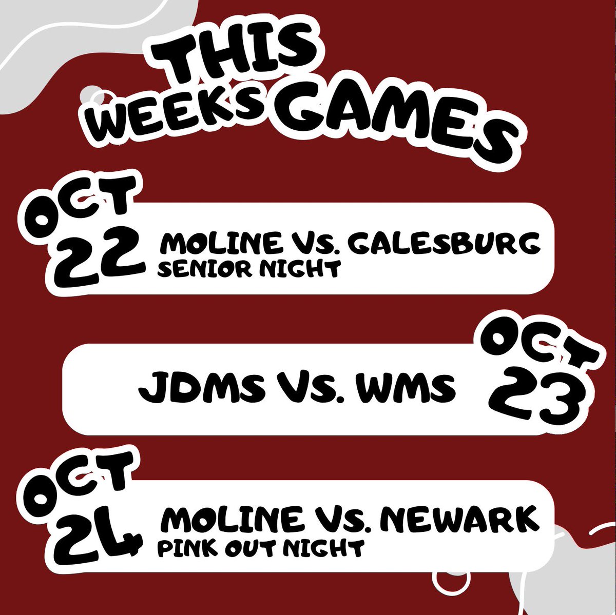 This Weeks Schedule! It’s our last week of conference matches!
#molinevolleyball #seniornight #pinkout