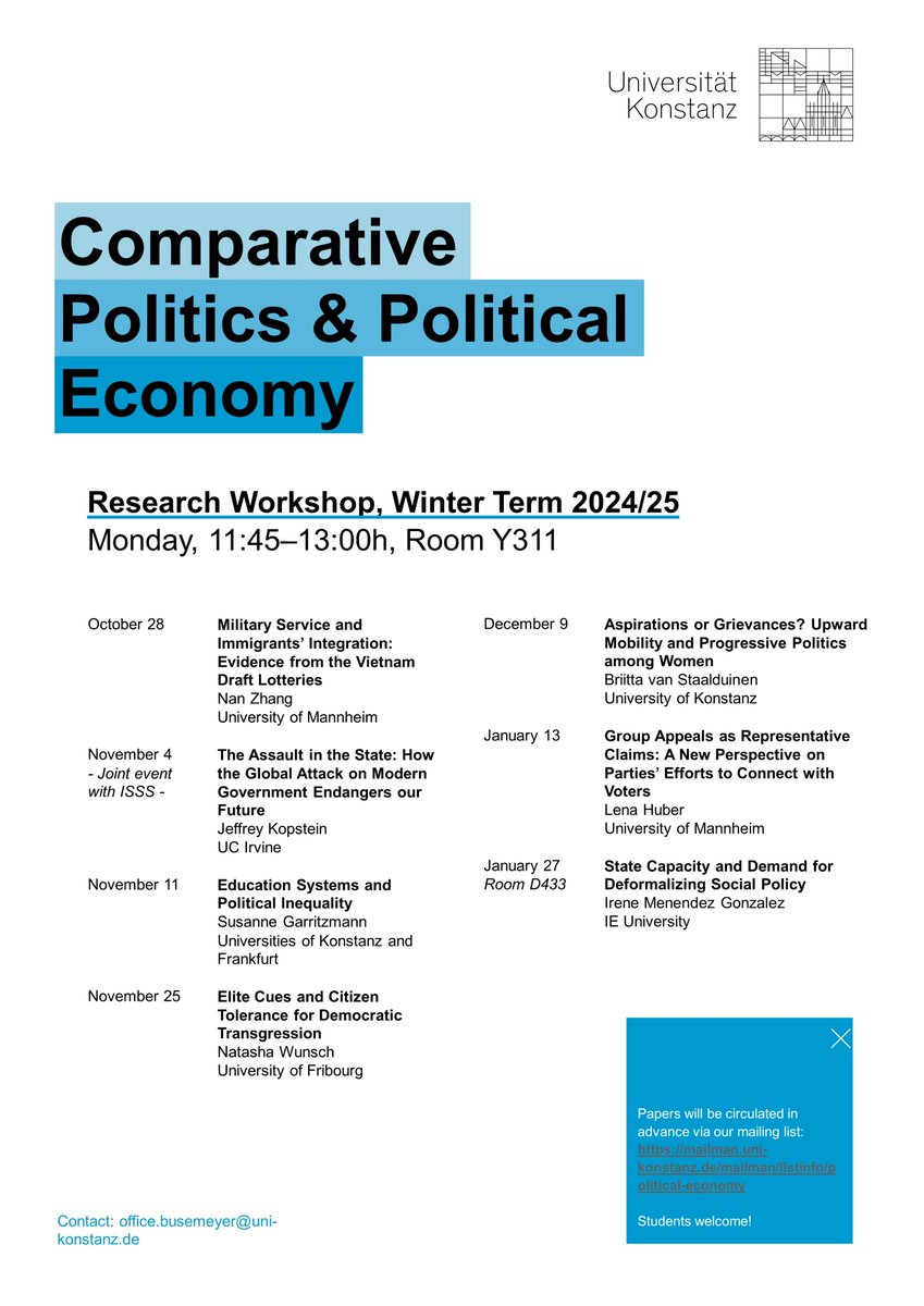 We are excited to kick off our CPPE talk series for this term next Monday (October 28) with a fantastic guest speaker: Nan Zhang (nanzhangresearch.github.io) from the University of Mannheim! Join us in Y311 at 11:45! <a href="/Konstanz_Pol_PA/">Uni Konstanz Department of Politics & Public Admіn</a> <a href="/Na_Wehl/">Nadja Wehl</a>