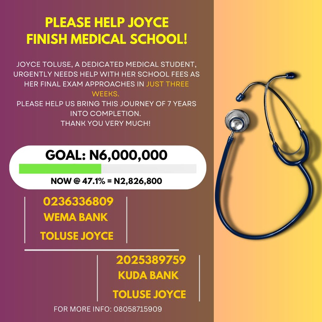 KarooJOI's tweet photo. Update! 🙌 We’ve raised 47.1% (N2,826,800) of N6M for Joyce Toluse’s medical school fees in just 3 DAYS!!!!!
We have Just 3 weeks to go before her final exams. Let’s keep the support coming and help her cross the finish line! 🩺 https://t.co/YArHYOqGdA
