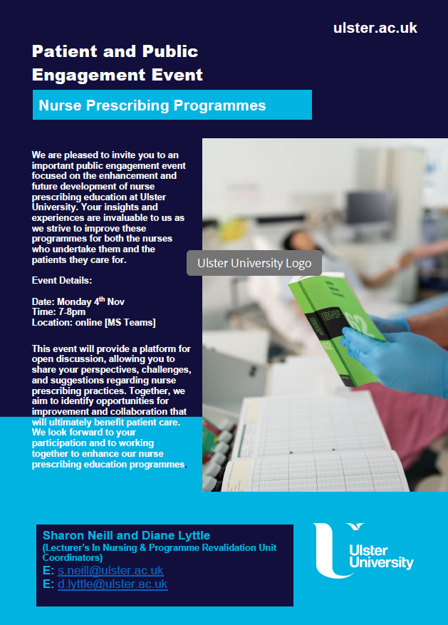 Patient and Client Council (PCC) (@patientclient) on Twitter photo 📢Patient & Public Engagement Event: Nurse Prescribing Programmes <a href="/UlsterUni/">Ulster University</a> <a href="/UlsterUniSoNP/">Ulster Uni Nursing and Paramedic Science💙</a>
Date: Monday 4 November 2024
Time: 7-8pm (online)
Register via email: s.neill@ulster.ac.uk or d.lyttle@ulster.ac.uk #haveyoursay #TeamPCC 📢Patient & Public Engagement Event: Nurse Prescribing Programmes <a href="/UlsterUni/">Ulster University</a> <a href="/UlsterUniSoNP/">Ulster Uni Nursing and Paramedic Science💙</a>
Date: Monday 4 November 2024
Time: 7-8pm (online)
Register via email: s.neill@ulster.ac.uk or d.lyttle@ulster.ac.uk #haveyoursay #TeamPCC