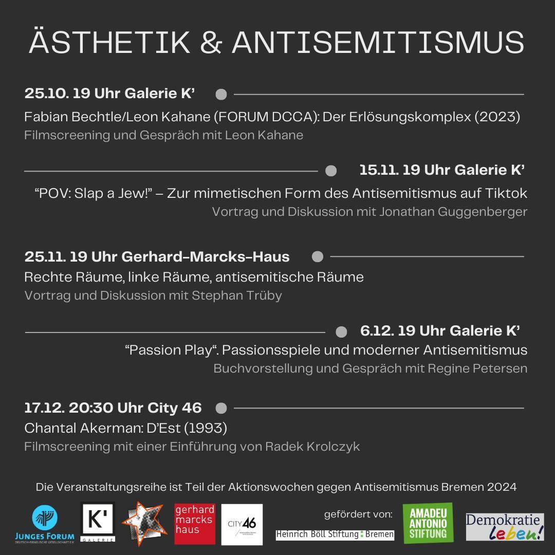 JuFoDIGBremen's tweet photo. ÄSTHETIK &amp; ANTISEMITISMUS
Eine Veranstaltungsreihe von Galerie K’ &amp; JuFo HB, in Kooperation mit Gerhard-Marcks-Haus Bremen, City46, @rli_bremen , @BoellBremen, gefördert von @AmadeuAntonio &amp; Partnerschaft für Demokratie Bremen https://t.co/XqsysXCVv2