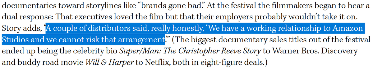 Film distributors declining to distribute a documentary about unionization at Amazon warehouses due to fear of retaliation by Amazon's digital media arm: