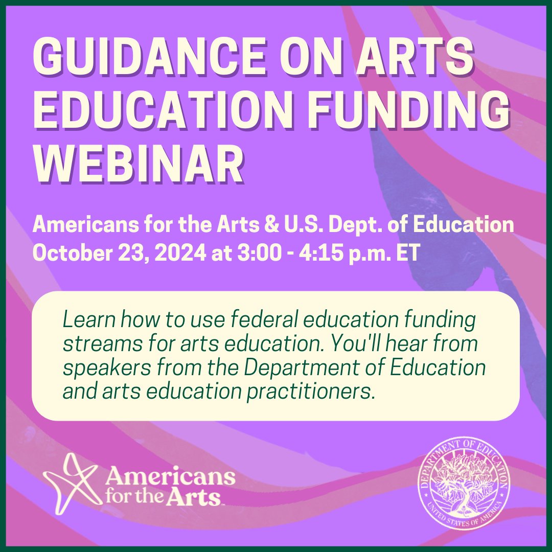 Americans for the Arts (@americans4arts) on Twitter photo Follow up on letter of guidance from <a href="/usedgov/">U.S. Department of Education</a> regarding the use of federal education dollars for #ArtsEd. <a href="/Americans4Arts/">Americans for the Arts</a>, <a href="/usedgov/">U.S. Department of Education</a>, & national partners will share how the new guidance can be used to advance #ArtsEd across the country! 📣📚 RSVP: bit.ly/3Y6QLkw Follow up on letter of guidance from <a href="/usedgov/">U.S. Department of Education</a> regarding the use of federal education dollars for #ArtsEd. <a href="/Americans4Arts/">Americans for the Arts</a>, <a href="/usedgov/">U.S. Department of Education</a>, & national partners will share how the new guidance can be used to advance #ArtsEd across the country! 📣📚 RSVP: bit.ly/3Y6QLkw
