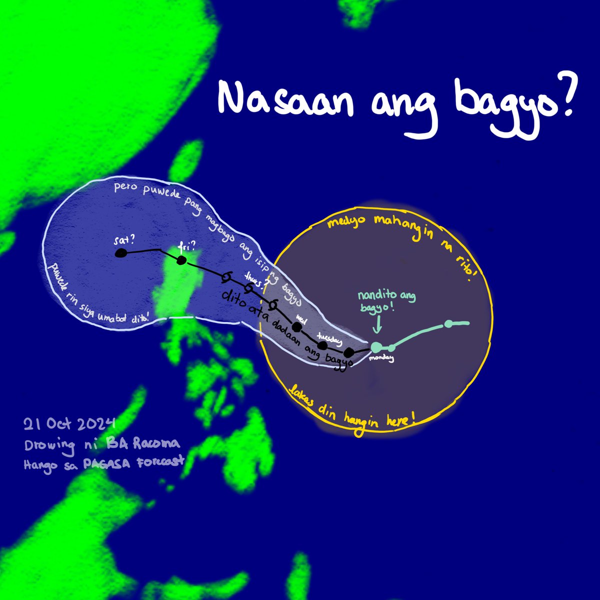 Tara, sabay-sabay nating subukang intindihin at kilatisin ang mga forecast track map ng PAGASA.

Sa simula lang siya nakakalito! Pero pramis, napaka-useful ng mga mapang ito. Dito kasi natin makikita kung NASAAN ang bagyo ngayon at  SAAN siya (puwedeng) pumunta.