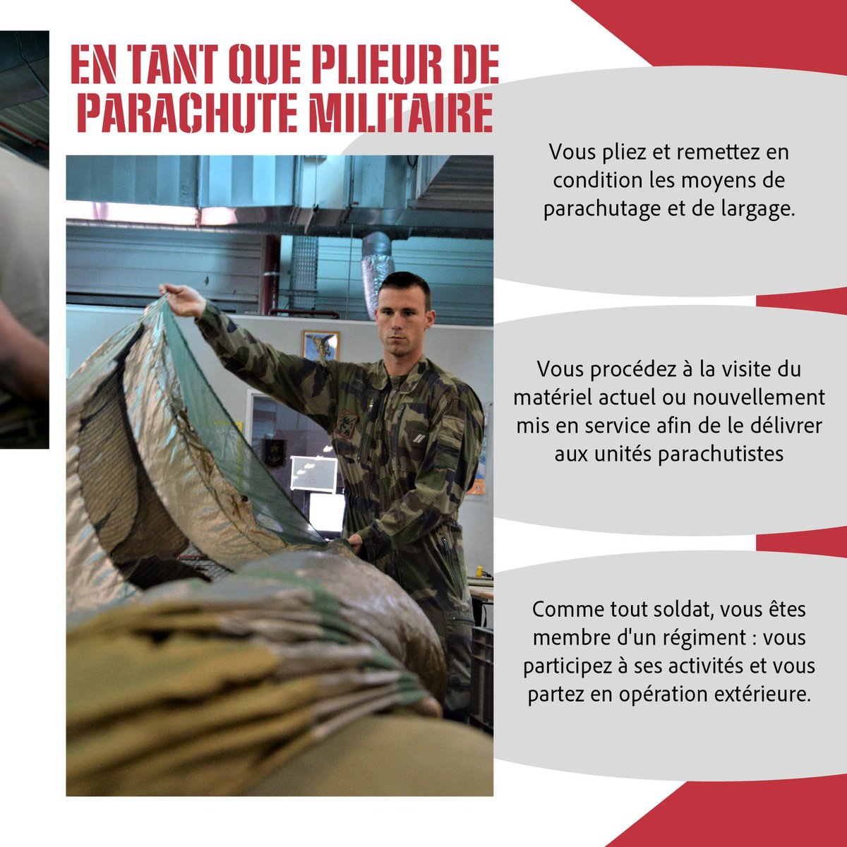 3eRMAT's tweet photo. #MissionMaintenance
Le 3e régiment du matériel détient un savoir-faire unique au sein de son détachement de Montauban :
✅️ Le pliage de parachute et la réparation des équipements de parachutage et de largage 🪂.
#BMAINT
@CommandementALT https://t.co/ukLfmC3BVd