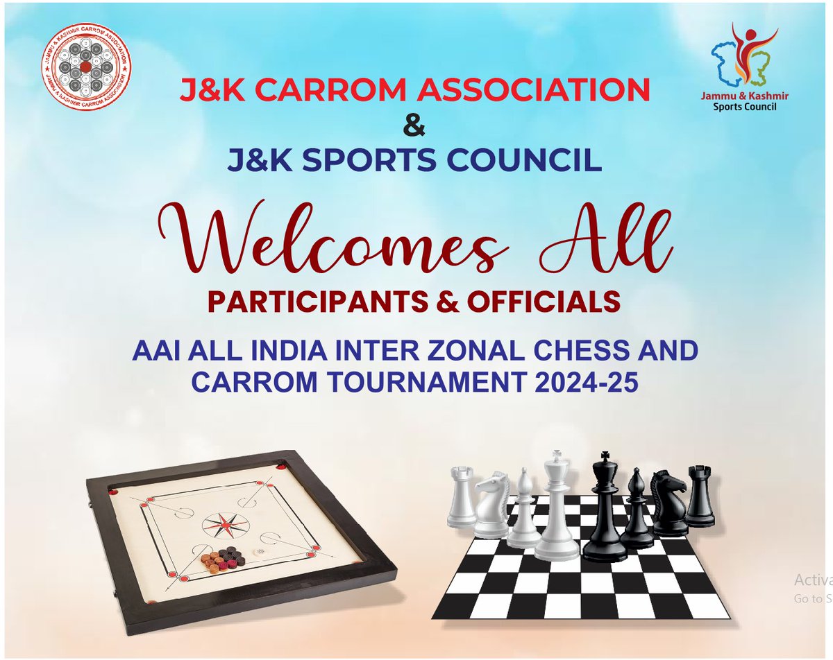 jkcarrom's tweet photo. Welcomes All the Officials &amp; Players of @AAI_Official for AAI All India Inter Zonal Carrom &amp; Chess Tournament 2024-25 from 23rd to 26th October 2024 at SKICC, Srinagar

@SrinagarAirport 
@JKSportsCouncil
@IndianCarrom 
@nuzhatjehangir https://t.co/hCqg9TFxNy