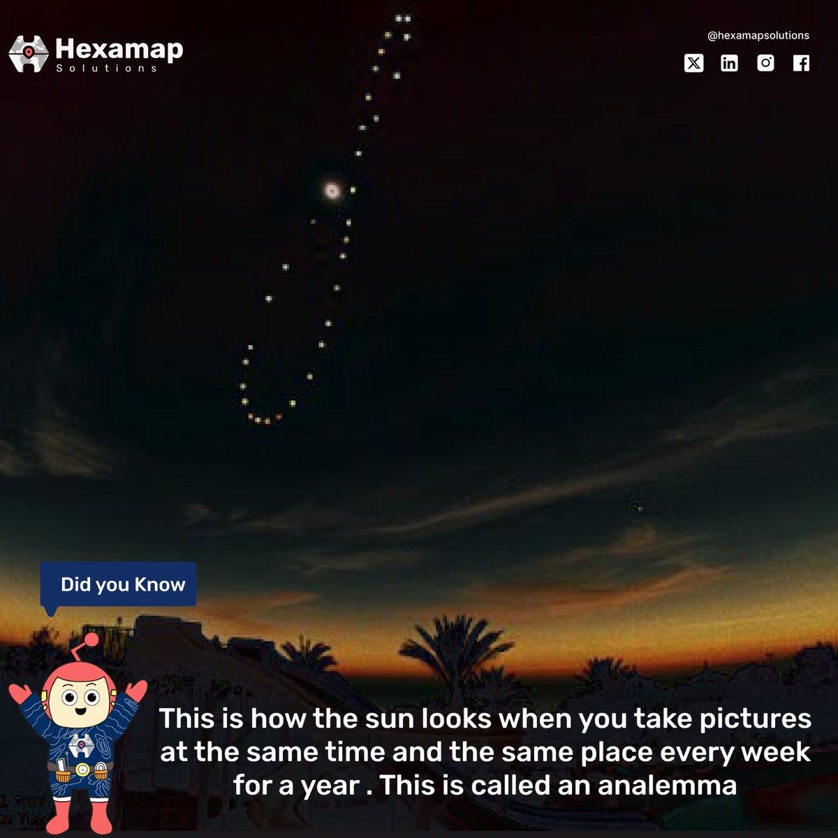 HexamapSolution's tweet photo. "An analemma shows the Sun's position taken at the same time each week for a year, forming a figure-eight pattern in the sky."
.
#Analemma #SunPattern #Astronomy #TimeLapse #YearInTheSky #ScienceFacts #CosmicPhenomena #SkyPhotography #SunCycle #didyouknow #Hexamapsolutions #hank https://t.co/g6ju4xizUU