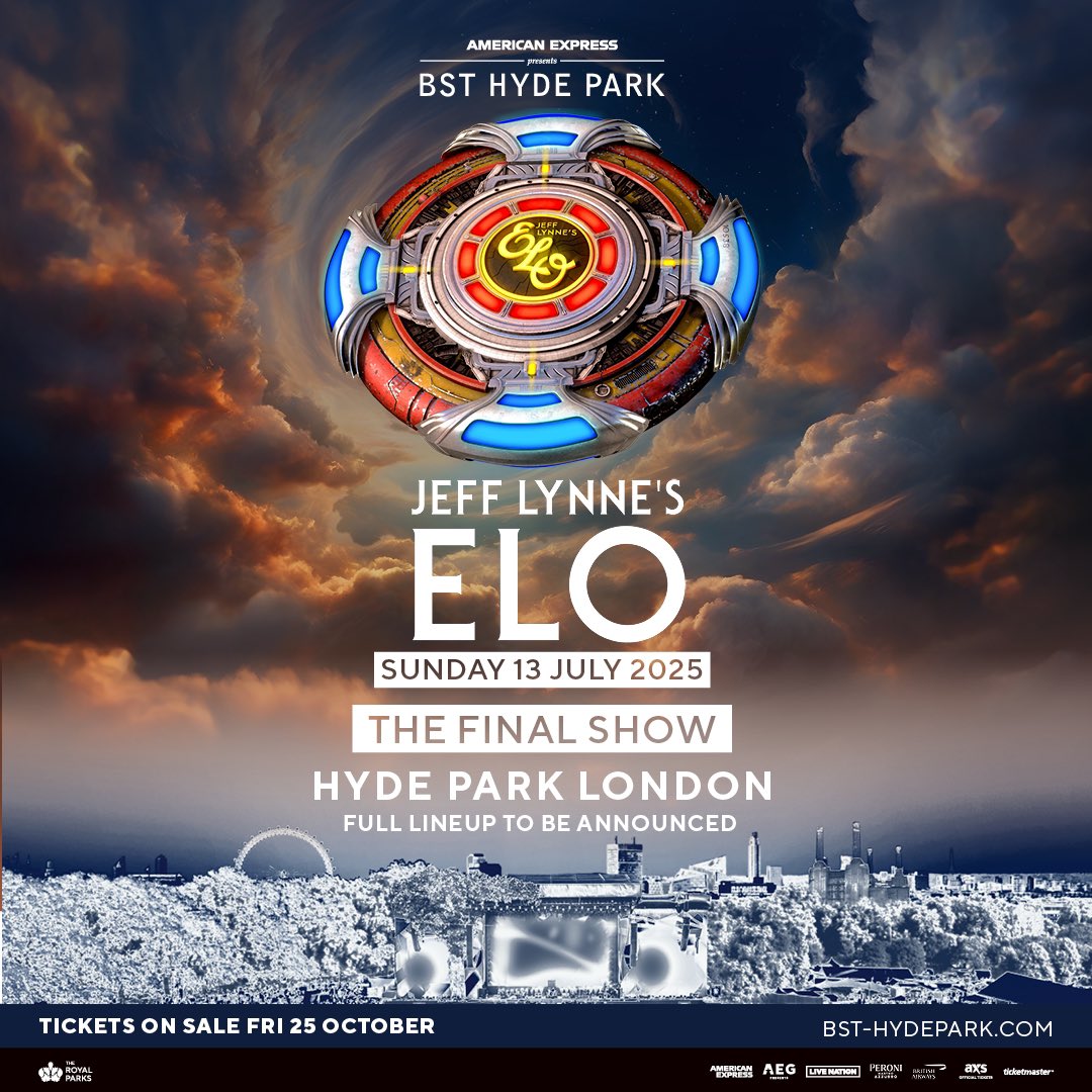 Jeff Lynne's ELO (@jefflynneselo) on Twitter photo We're thrilled to announce that we'll be landing in London's <a href="/BSTHydePark/">BST Hyde Park</a> on Sunday 13 July for our final show 🛸
“My return to touring began at Hyde Park in 2014”, explains Jeff Lynne. “It seems like the perfect place to do our final show. We couldn’t be more excited to share We're thrilled to announce that we'll be landing in London's <a href="/BSTHydePark/">BST Hyde Park</a> on Sunday 13 July for our final show 🛸
“My return to touring began at Hyde Park in 2014”, explains Jeff Lynne. “It seems like the perfect place to do our final show. We couldn’t be more excited to share