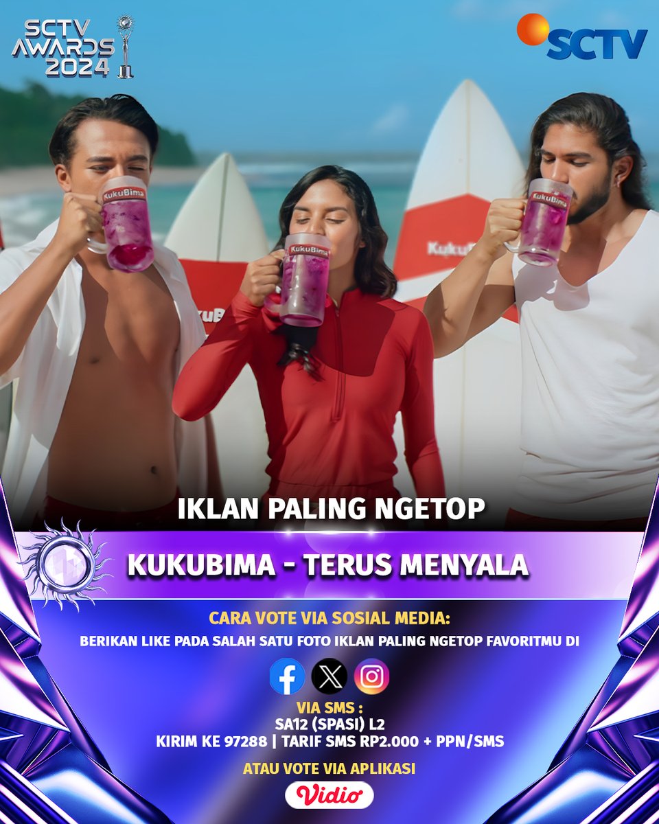 SCTV's tweet photo. Yuk, dukung Kukubima - Terus Menyala untuk menjadi "Iklan Paling Ngetop" dengan cara follow akun social media SCTV dan like foto ini, ya!
#VoteSA2024 #SA12 #SA2024Kukubima #SCTVAwards2024 #SCTVSpesial https://t.co/dsrgFyhgZn