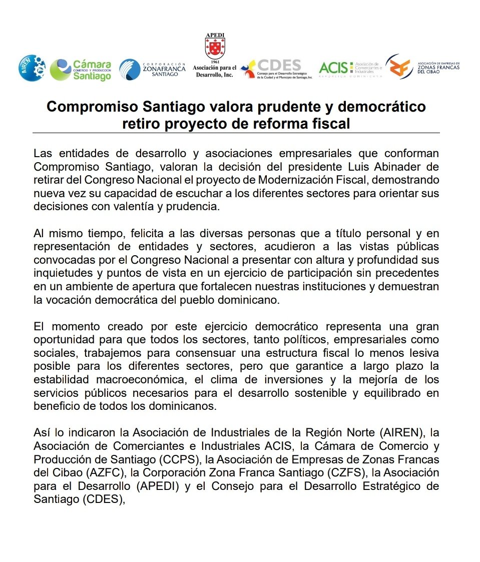 CDES_PES's tweet photo. Compromiso Santiago valora prudente y democrático retiro proyecto de reforma fiscal https://t.co/ucKIhbThXJ