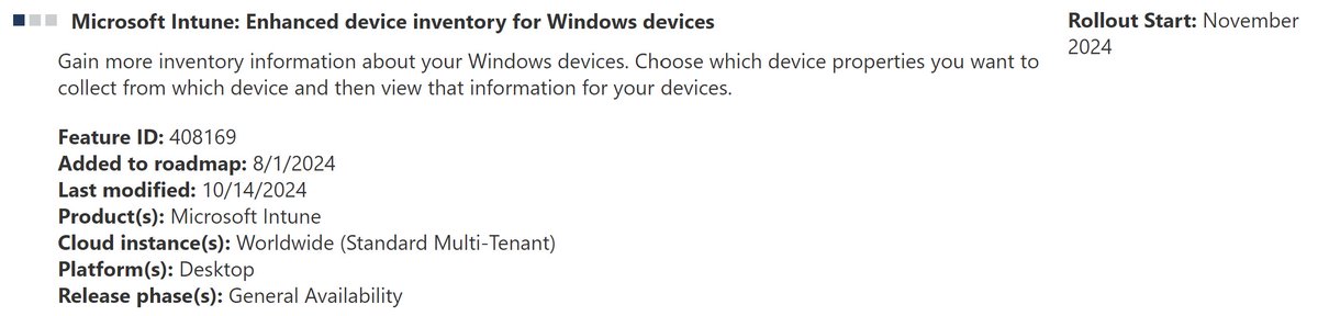 panusaukko's tweet image. 😢#MSIntune Enhanced device inventory is postponed to next month... The rollout start month used to be October 2024. I guess Microsoft wants to announce the functionality at Ignite.
microsoft.com/en-us/microsof…