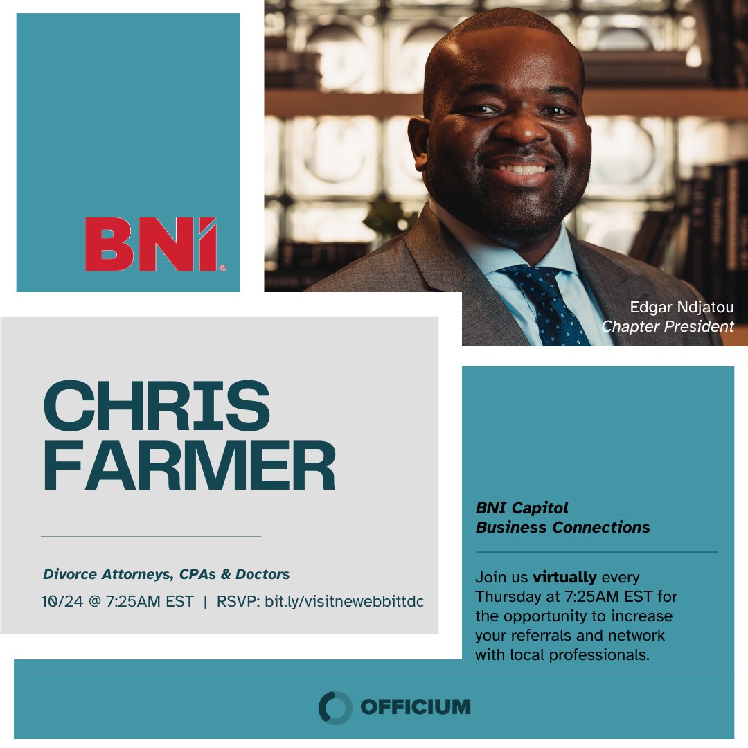 officium_llc's tweet image. This week! If you're a divorce attorney, CPA or doctor, you don't want to miss this presentation.

Register: zurl.co/THsQ  

#DCNetworking #DC