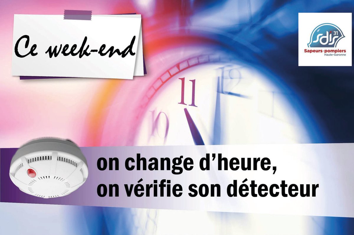 sdis31officiel's tweet photo. Cette nuit 🌙 on passe à l’heure d’hiver ❄️. On enlève 1️⃣ heure à l'horloge 🕒➡🕑 . 

Profitez-en pour vérifier le bon fonctionnement de vos détecteurs de fumée en contrôlant l'état des piles 🔋, un geste simple et rapide qui peut sauver des vies ! 🙏 https://t.co/j6UOznV7xr