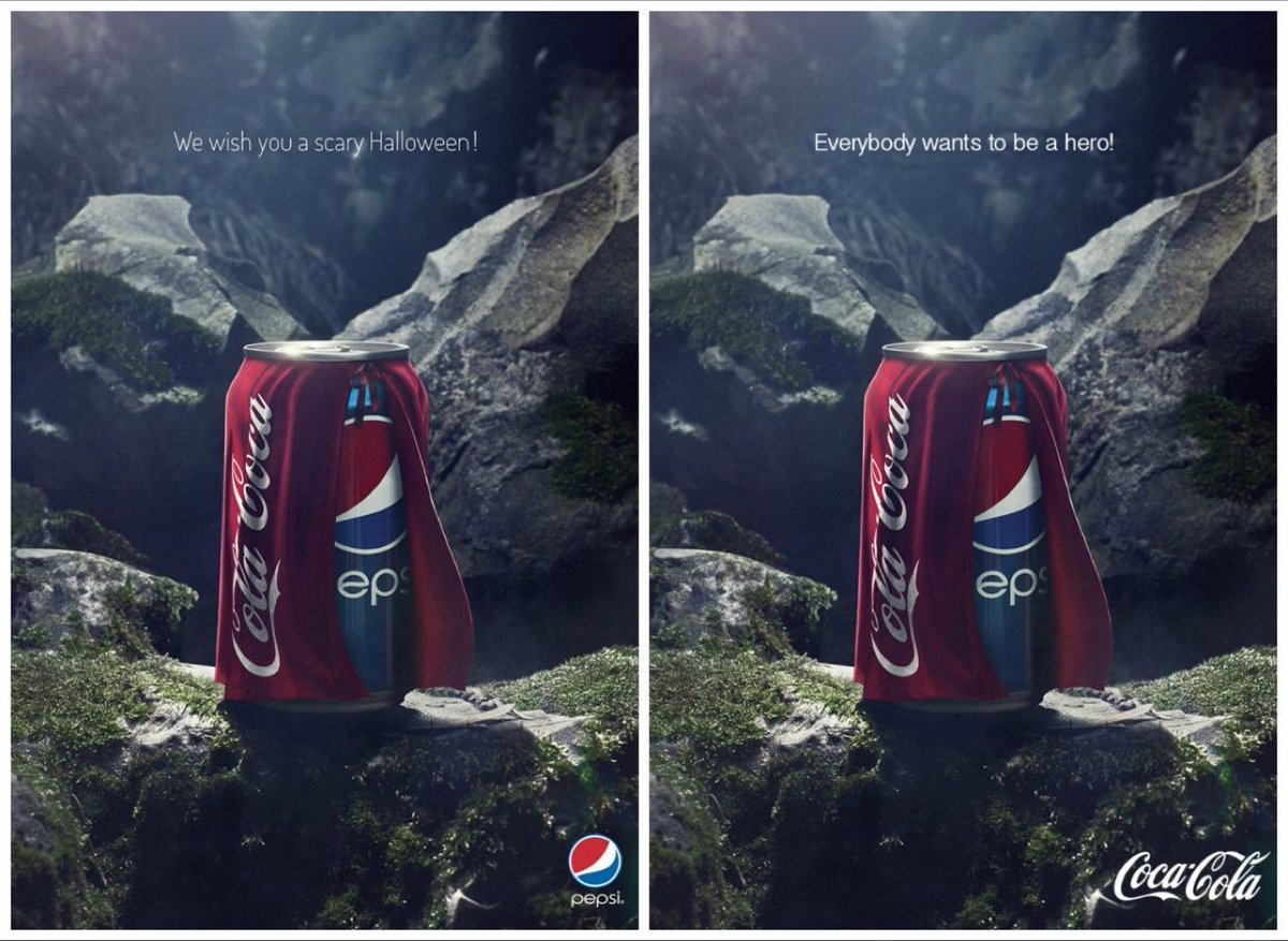 Pepsi ran a social media campaign wishing users a scary Halloween with a Pepsi can in a Coca-Cola cape. And Coca-Cola responded... 🤭 

They used the same asset and changed the caption to “Everyone wants to be a hero!”.   

Simple, iconic and a great example of reactive social 👏