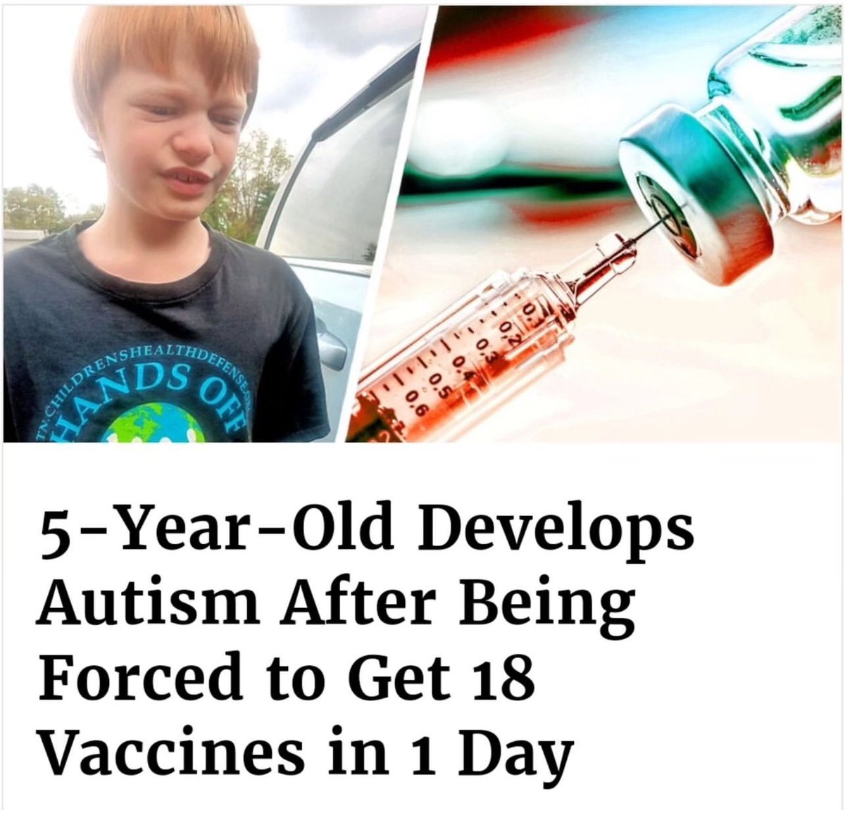 Dr. Ben Tapper (@drbentapper1) on Twitter photo As part of a custody battle, a Tennessee judge ordered a family to vaccinate all three of their children, all of whom had never been vaccinated. Five-year-old Isaac immediately became ill and was eventually diagnosed with severe regressive autism.
Credit:<a href="/ChildrensHD/">Childrenās Health Defense</a> As part of a custody battle, a Tennessee judge ordered a family to vaccinate all three of their children, all of whom had never been vaccinated. Five-year-old Isaac immediately became ill and was eventually diagnosed with severe regressive autism.
Credit:<a href="/ChildrensHD/">Childrenās Health Defense</a>