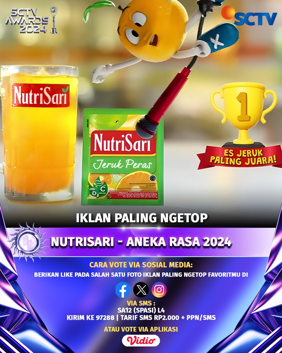 SCTV's tweet photo. Yuk, dukung Nutrisari - Aneka Rasa 2024 untuk menjadi "Iklan Paling Ngetop" dengan cara follow akun social media SCTV dan like foto ini, ya!
#VoteSA2024 #SA12 #SA2024Nutrisari #SCTVAwards2024 #SCTVSpesial https://t.co/diU66AyVYm