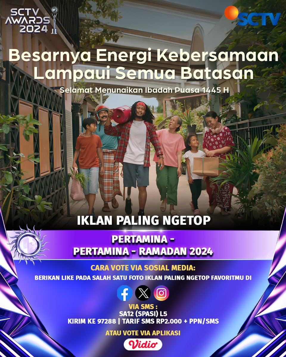SCTV's tweet photo. Yuk, dukung Pertamina - Pertamina - Ramadan 2024 untuk menjadi "Iklan Paling Ngetop" dengan cara follow akun social media SCTV dan like foto ini, ya!
#VoteSA2024 #SA12 #SA2024Pertamina #SCTVAwards2024 #SCTVSpesial https://t.co/WFKPZumoYz