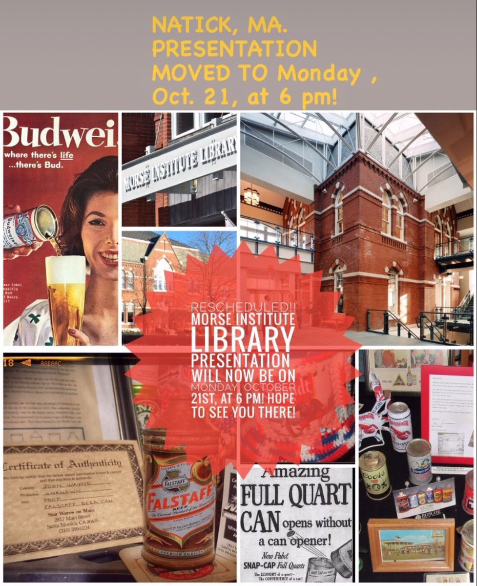 beercanmuseum's tweet photo. Tonight! Come on by! Natick, Massachusetts at 6 PM. Pop-up museum, presentation, prizes, and guaranteed good time! https://t.co/KgbNr0s006