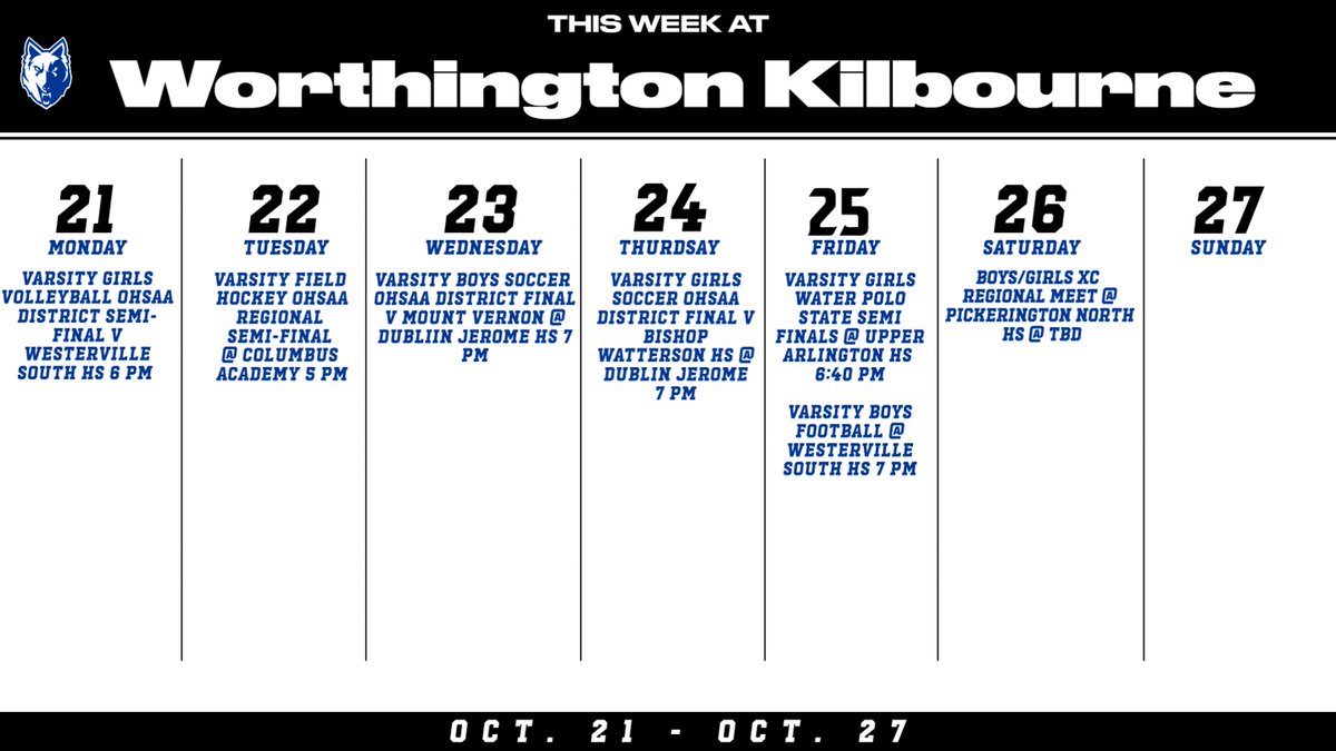 Good Luck to all the WKHS Varsity teams participating in their respective OHSAA tournament contests this week &amp; football to finish strong!! #ForTheWolves #ItsWorthIt 
<a href="/WKHSboyssoccer/">WKHS Boys Soccer</a> <a href="/WKHSFockey/">WKHSFockey</a> <a href="/WKHS_GSOC/">WKHS girls soccer</a> <a href="/KilbourneFB/">Worthington Kilbourne Football</a> <a href="/XcWkhs/">WKHS XC</a> <a href="/Kilbournetrack/">Kilbourne XCTF</a> <a href="/WKHS_H20Polo/">WKHS Girls H2O Polo</a> <a href="/WKHS_WomenVball/">WKHS Women's V-ball</a>