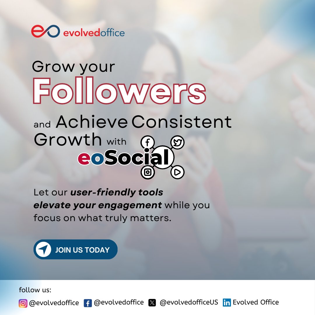 EvolvedOfficeUS's tweet image. Dreaming of steady follower growth? eoSocial's easy tools make it happen! Watch your numbers rise while you focus on what matters most.
Sign up and see the magic unfold! bit.ly/47UHu3L  #GetEvolved #eoSocial #JustOnePlatform