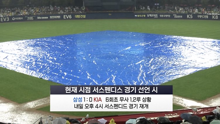 현재 시점 서스펜디스 경기 선언 시
삼성 1:0 KIA 6회초 무사 1.2루 상황 
내일 오후 4시 서스펜디드 경기 재개