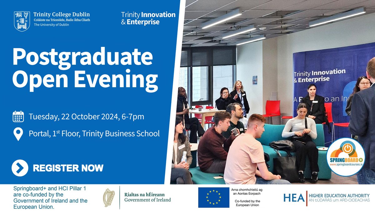 TCDPortal's tweet image. It's tomorrow! Register now: hubs.la/Q02R2LYh0
Don’t miss our Postgraduate Open Evening. Learn about career acceleration opportunities and Trinity Innovation & Enterprise ecosystem. Chat with lecturers and past students.
Like and share to spread the word!