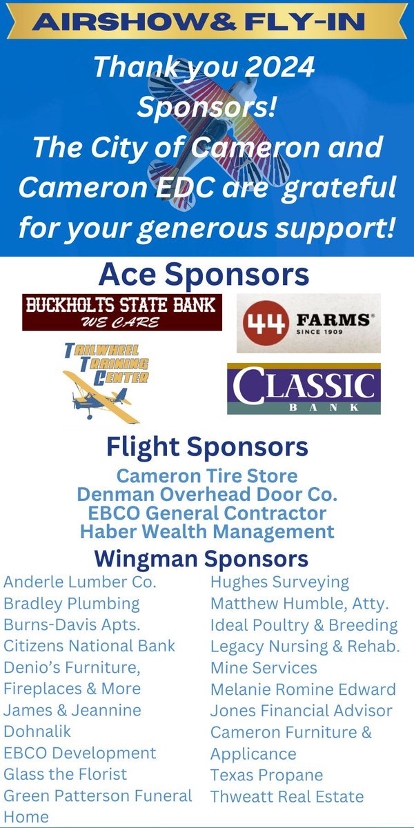 Cameron Economic Development and the City of Cameron wish to extend their appreciation and gratitude to all of the generous sponsors of the 4th Annual Cameron Airshow and Fly-in!  We thank you for making this thrilling event free to attend! #airshow #discovercameron #thankyou