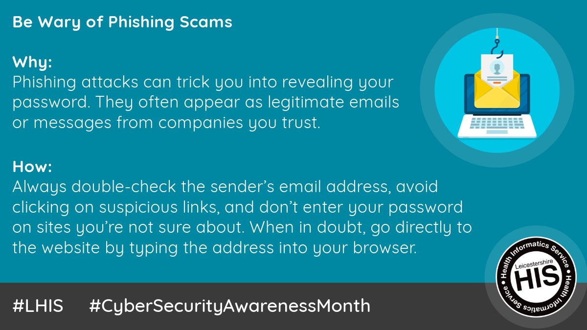A Phishing scam can trick you into clicking a link or revealing information 🪝

Have a look below for hints on how to avoid this ⤵️  

#CyberSecurityAwarenessMonth 
<a href="/LPTnhs/">Leicestershire Partnership NHS Trust</a>