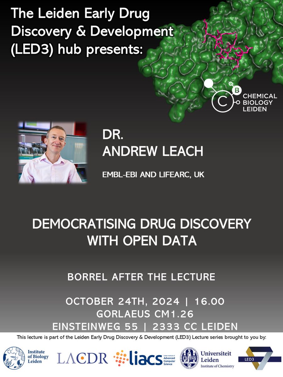 LED3 hub (inactive account) (@led3hub) on Twitter photo We are looking forward to having Andrew Leach for a <a href="/LED3hub/">LED3 hub (inactive account)</a> Lecture on Thursday, October 24th, at 4:00 p.m.
He will give us insights into his efforts to "Democratize Drug Discovery with Open Data".
If you are interested, make sure to come by!
universiteitleiden.nl/en/science/led… We are looking forward to having Andrew Leach for a <a href="/LED3hub/">LED3 hub (inactive account)</a> Lecture on Thursday, October 24th, at 4:00 p.m.
He will give us insights into his efforts to "Democratize Drug Discovery with Open Data".
If you are interested, make sure to come by!
universiteitleiden.nl/en/science/led…