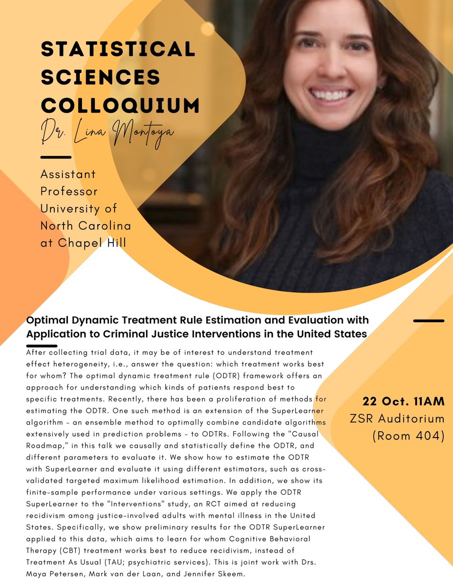 Wake Forest Stats (@wakeforeststats) on Twitter photo 🎙️ On Tuesday, we're looking forward to hosting Dr. Lina Montoya (Assistant Professor at <a href="/UNCSDSS/">UNC School of Data Science and Society</a> and <a href="/uncbiostat/">UNC Biostatistics</a>) for our third colloquium of the semester! 🎙️ On Tuesday, we're looking forward to hosting Dr. Lina Montoya (Assistant Professor at <a href="/UNCSDSS/">UNC School of Data Science and Society</a> and <a href="/uncbiostat/">UNC Biostatistics</a>) for our third colloquium of the semester!