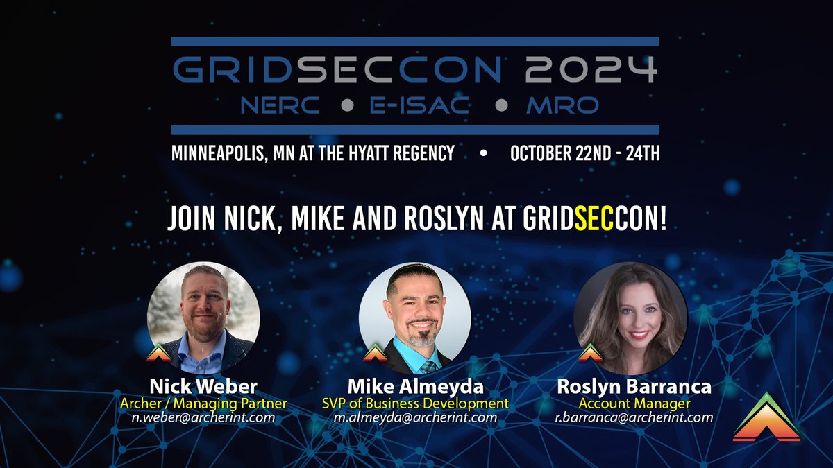 archersec's tweet image. Meet up with Nick, Mike and Roslyn tomorrow in Minneapolis, MN, at this year&apos;s GridSecCon!
#GridSecCon #Conference #NERC #EISAC #MRO #ArcherEnergySolutions