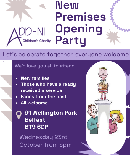 ADDNI1's tweet photo. Come & join us to celebrate ADHD Month & officially open our new premises!
All welcome! You don't have to RSVP but we would love to know if your planning to attend! Please message for any dietary requirements!
Can't wait to see you all on the 23rd Oct at 5pm
#ADHD #ADHDMonth #NI https://t.co/QPcMzIs7Pv