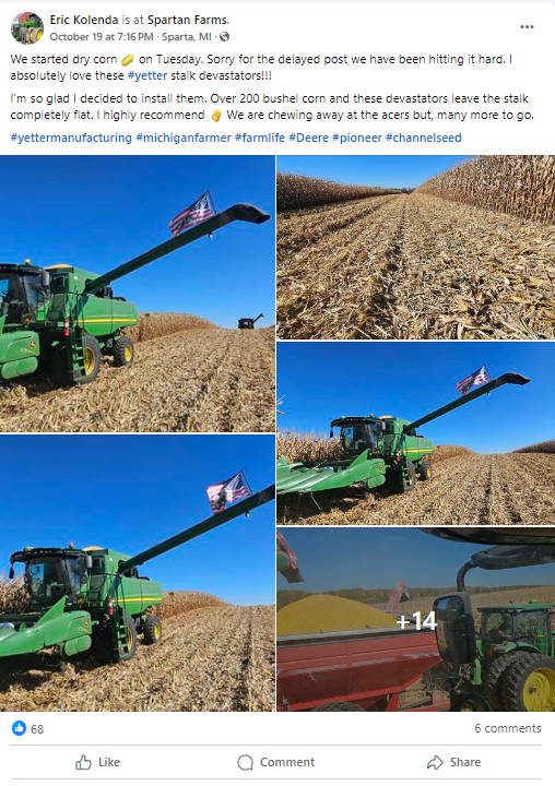 YetterFarmEquip's tweet photo. A testimonial from a farmer starting their first harvest with #yetterfarmequip #stalkdevastators   Thanks for the shoutout over on FB! https://t.co/ogsWCealXt