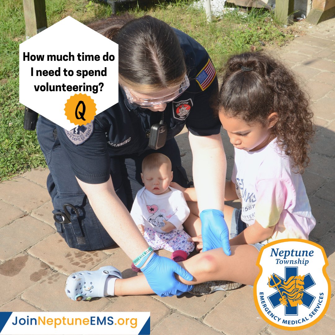 As much time as you are willing to donate! We recognize that our volunteers have other priorities &amp; appreciate any amount of time spent helping protect the residents &amp; visitors of Neptune Township!
Express interest in joining or learn more at JoinNeptuneEMS.org/Contact/