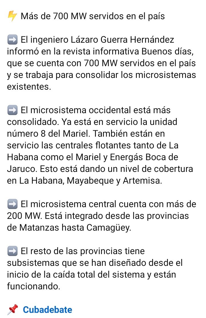 Colina_CTCuba's tweet photo. ⚡📢 Actualización sobre el restablecimiento del Sistema Eléctrico Nacional (SEN) en #Cuba, ofrecida por Lázaro Guerra Hernández, director general de Electricidad de @EnergiaMinasCub, en la Revista Buenos Días.

8:00 a.m.

📌 @cubadebatecu 

#UnidosXCuba https://t.co/3SczMHKpyd