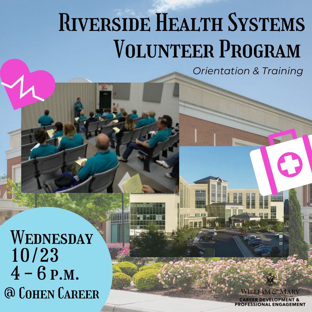 Join Riverside Health System’s Volunteer Program!  This event will provide an in-person orientation and training for becoming a Riverside Volunteer. 

RSVP and learn more on TribeCareers: wm-csm.symplicity.com/students/?s=ev…