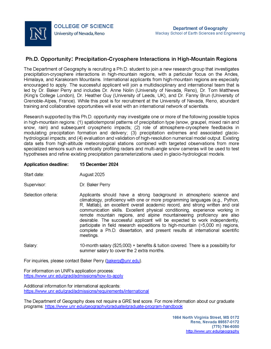 Baker Perry (@bakerperry1) on Twitter photo Ph.D. opportunity in the Department of Geography at <a href="/unevadareno/">University of Nevada, Reno</a>! Application deadline is 15 December 2024 with a start date of August 2025. Details below. <a href="/UNRScience/">College of Science at the Uni. of Nevada, Reno</a> <a href="/TkrMatthews86/">Tom Matthews</a> <a href="/glacier_glasses/">Billy Armstrong</a> <a href="/realglacier/">Mauri Pelto</a> <a href="/GlacioBrun/">Fanny Brun</a> <a href="/AriKhadka1/">Arbindra Khadka</a> <a href="/DrMiriamJackson/">Miriam Jackson</a> Ph.D. opportunity in the Department of Geography at <a href="/unevadareno/">University of Nevada, Reno</a>! Application deadline is 15 December 2024 with a start date of August 2025. Details below. <a href="/UNRScience/">College of Science at the Uni. of Nevada, Reno</a> <a href="/TkrMatthews86/">Tom Matthews</a> <a href="/glacier_glasses/">Billy Armstrong</a> <a href="/realglacier/">Mauri Pelto</a> <a href="/GlacioBrun/">Fanny Brun</a> <a href="/AriKhadka1/">Arbindra Khadka</a> <a href="/DrMiriamJackson/">Miriam Jackson</a>