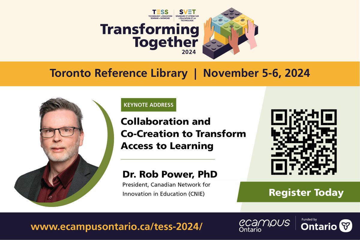 eCampusOntario is excited to announce that Dr. Rob Power, President of Canadian Network for Innovation in Education (CNIE|RCIE) will deliver a keynote address at #TESS2024! 🎇 

Join us live at the Toronto Reference Library on November 5-6. 
🎟️ Tickets : lnkd.in/dzvacst4