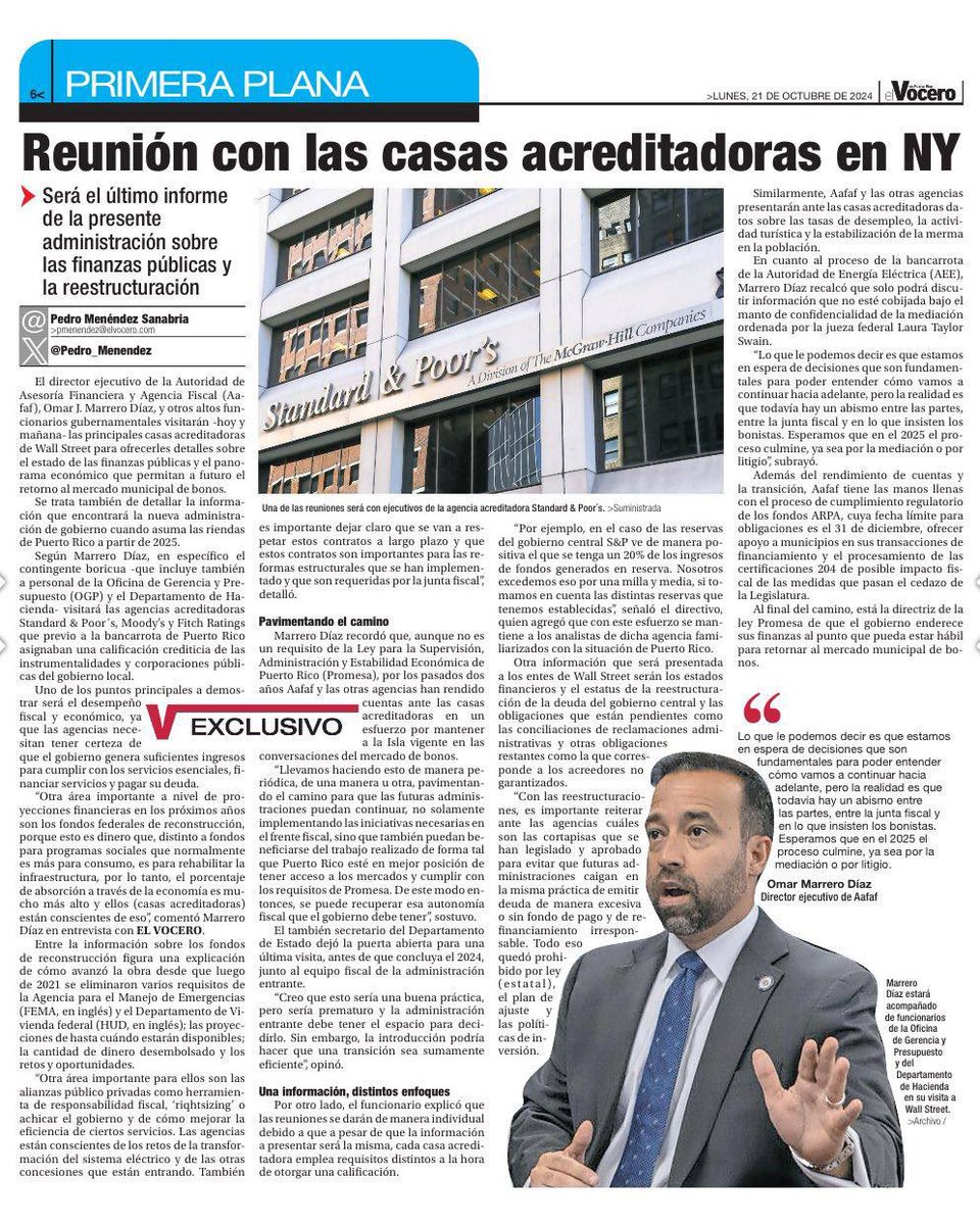 prdiraafaf's tweet photo. Hoy participaremos en reuniones clave en Wall Street junto a diversas agencias del Gobierno de Puerto Rico. El propósito es presentar un análisis detallado del estado actual de las finanzas públicas y el panorama económico de la isla. https://t.co/t6ZQnpsnQL