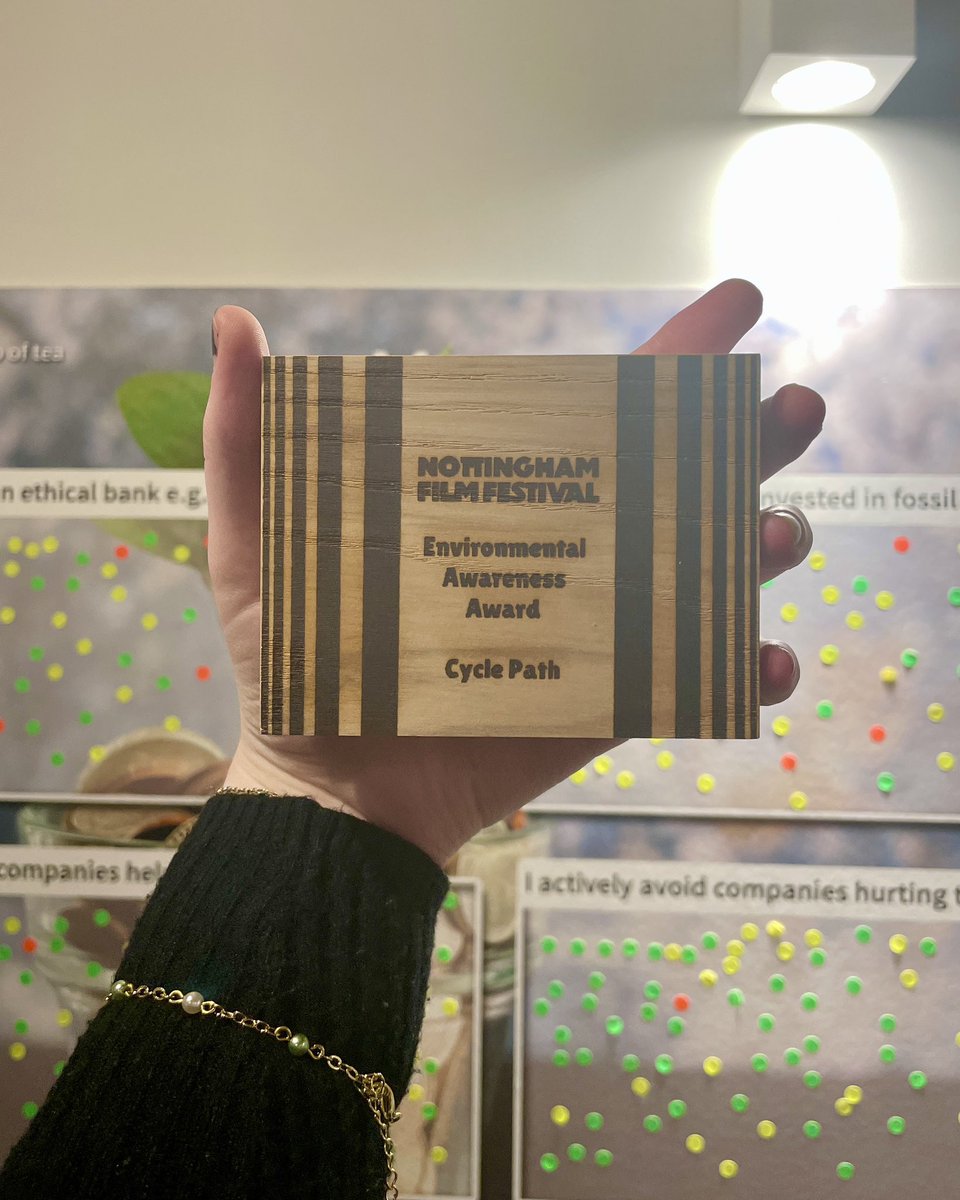 What an honour for Cycle Path to receive the Environmental Awareness Award at #NottinghamFilmFestival 🏆

A surreal experience to win at <a href="/MammothCinemaUK/">Mammoth - A Climate Action Cinema</a>, A Climate Action Cinema. Even cooler that the award itself was up-cycled from a piece of a film set ♻️ we love to see it!