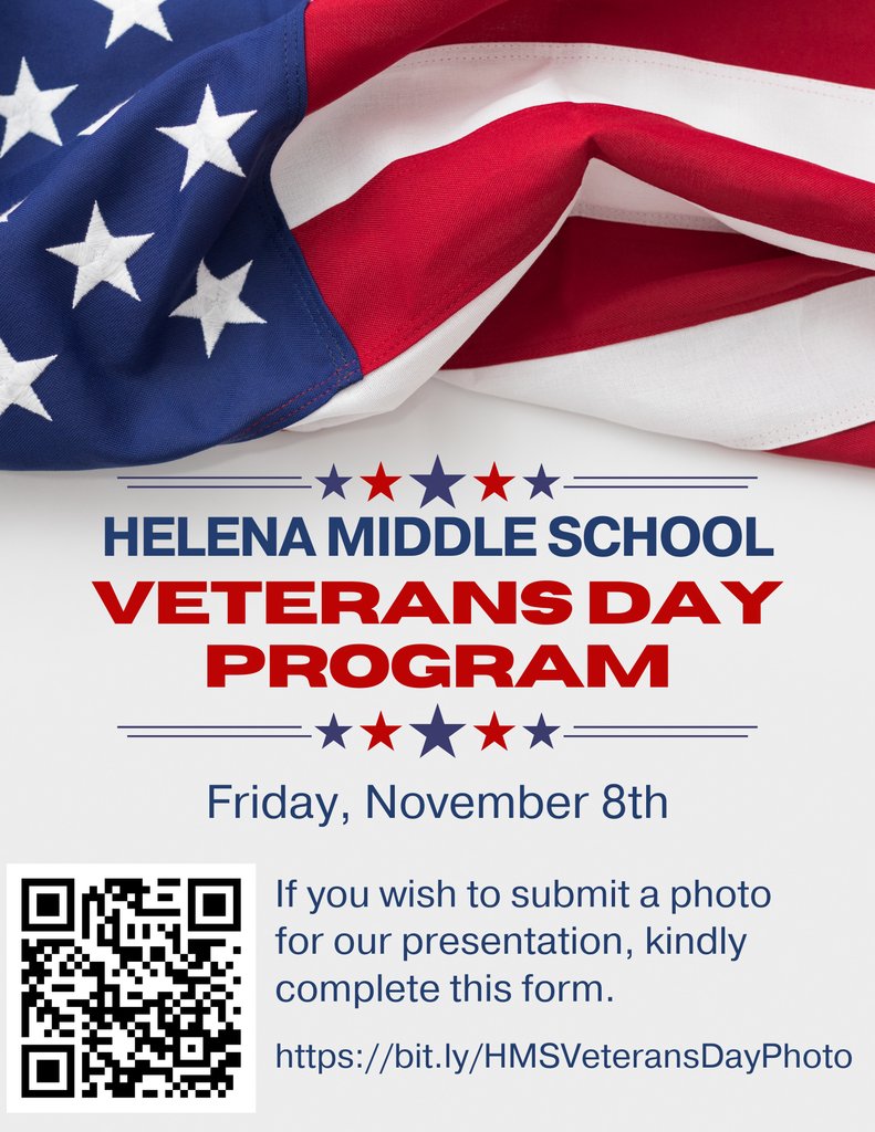 The annual HMS Veterans Day program will be held on Friday, November 8th! If you would like to have a veteran included in our slideshow, please submit your photo using the QR code below or visit the following link:  bit.ly/HMSVeteransDay…