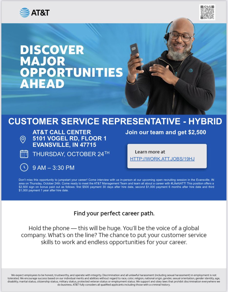 JaymieHobdy's tweet photo. Hiring event this Thursday the 24th at the AT&amp;T call center 9am-3:30pm. Come apply and interview if you or someone you know needs a job! $2500 Sign On Bonus! #lifeatatt https://t.co/CmBPeuUjoE
