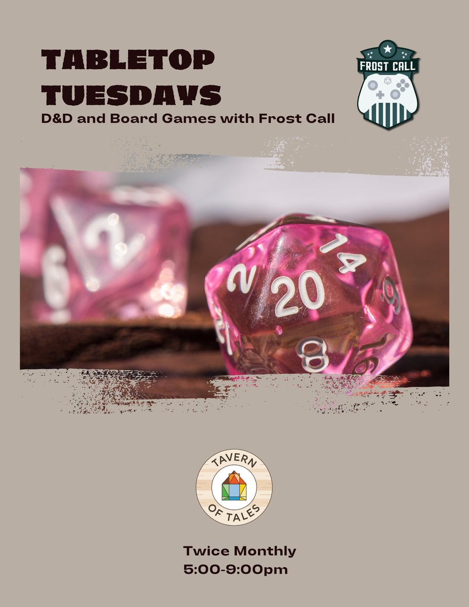 Tabletop Tuesdays are back! Join us tomorrow at Tavern of Tales for some board games and camaraderie. eventbrite.com/e/frost-call-b…