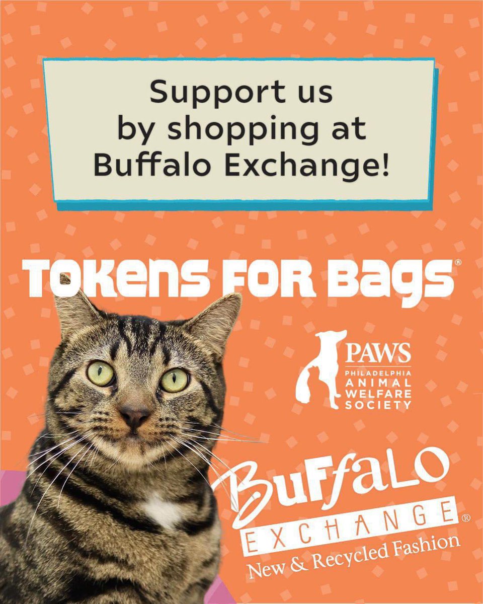 PAWS is thrilled to be a recipient of the Buffalo Exchange Tokens for Bags® program!

Through Dec. 2024, you can support our work just by shopping at our local Buffalo Exchange on Chestnut Street 🧵