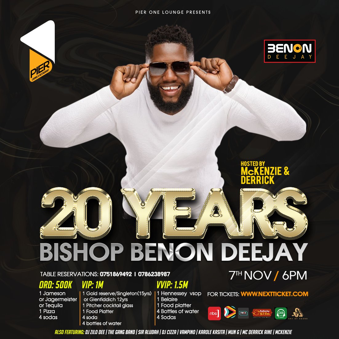Celebrate 20 years of @Benondeejaywa On 7th November  <a href="/Pier1_Ntinda/">Pier One Lounge & Restaurant</a> for an unforgettable night of music, food, and fun. Hosted by <a href="/kellamckenzie/">BMS</a> and <a href="/AineDasha/">Aine Derrick</a> with amazing DJ line-up and table packages starting at 500k. Grab your tickets now at nextticket.com
0751869492