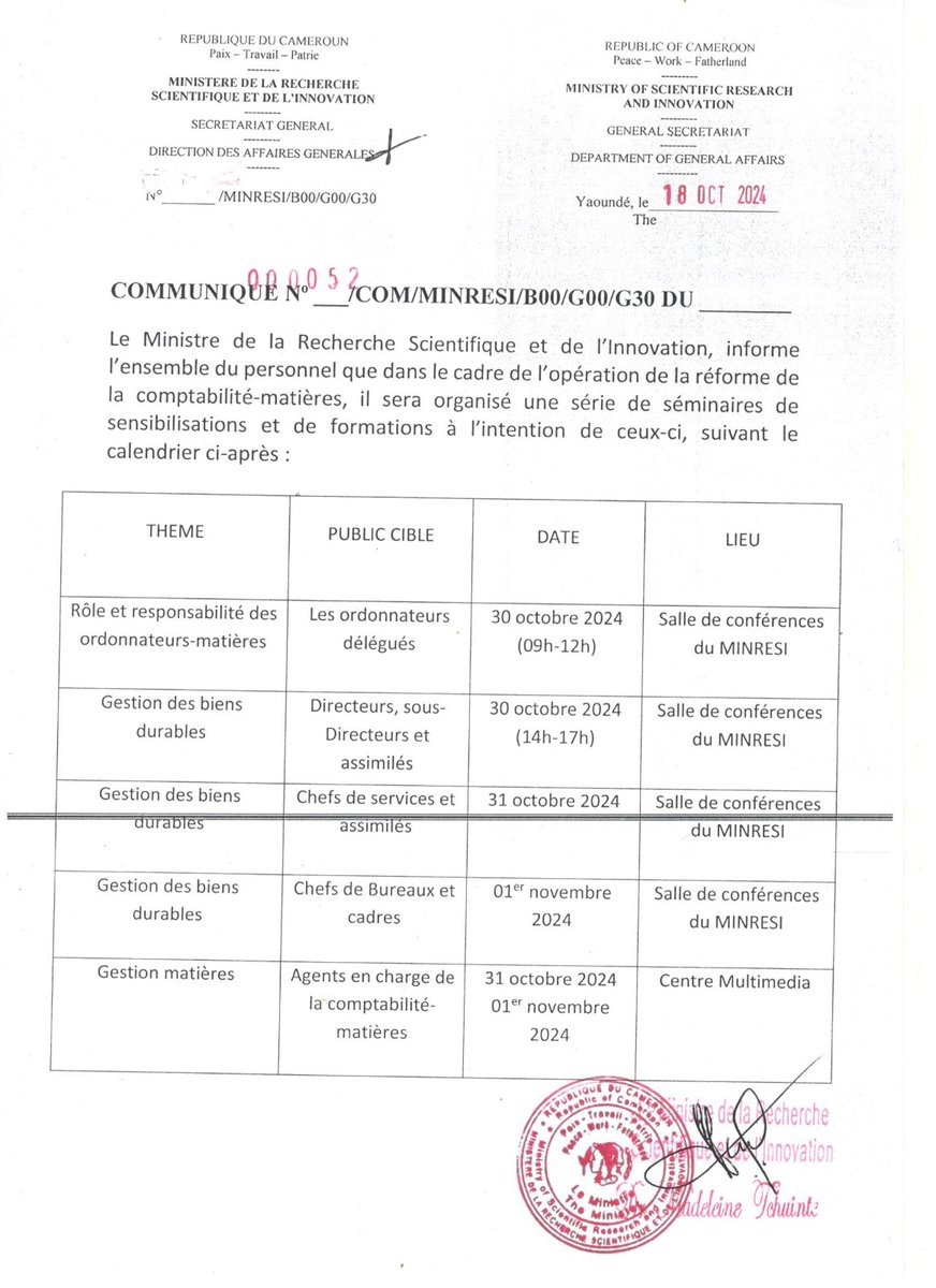 CALENDRIER DE LA SERIE DE SEMINAIRES DE SENSIBILISATION ET DE FORMATIONS A L'INTENTION DES PERSONNELS DU MINRESI
