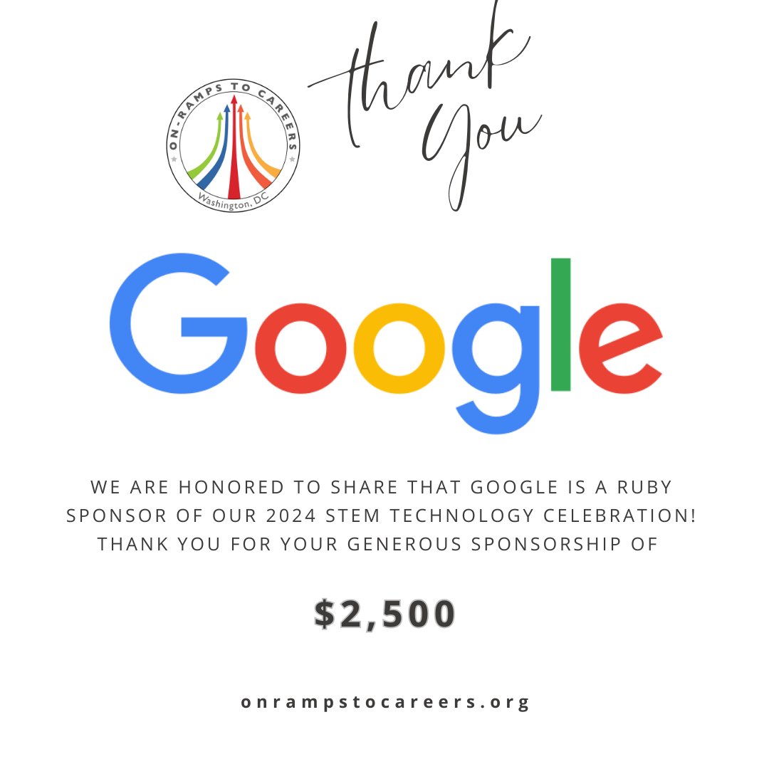 Thank you, <a href="/Google/">Google</a> for your Ruby Sponsorship of our 2024 STEM Internship Celebration! You help On-Ramps  connect talented but underrepresented youth to STEM careers. We're grateful for this partnership and look forward to the incredible opportunities it will bring in the future!